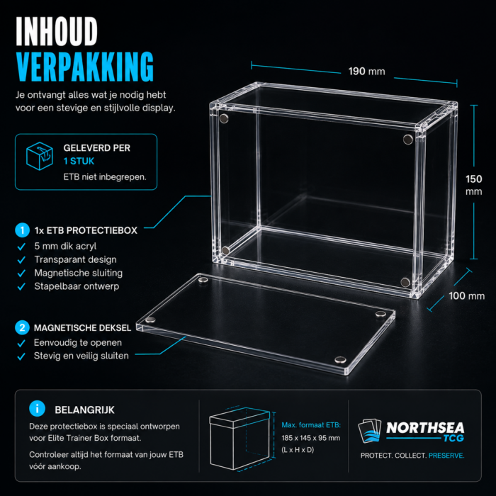 NorthSea ETB Protectiebox – 5 mm Acryl – Magnetische Sluiting – Stapelbare Display Case voor Elite Trainer Box – Transparant - Afbeelding 9